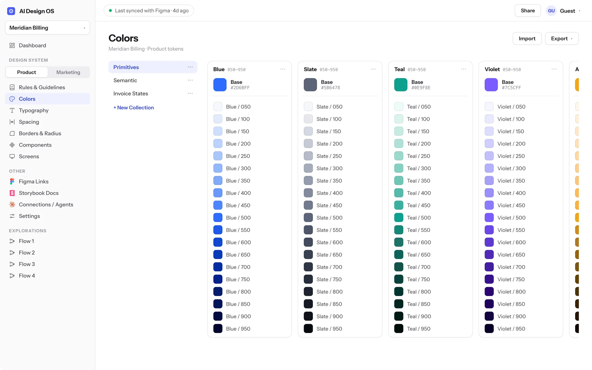 Meridian Billing’s Colors workspace with its Invoice States collection: Paid, Overdue, Draft, and Pending