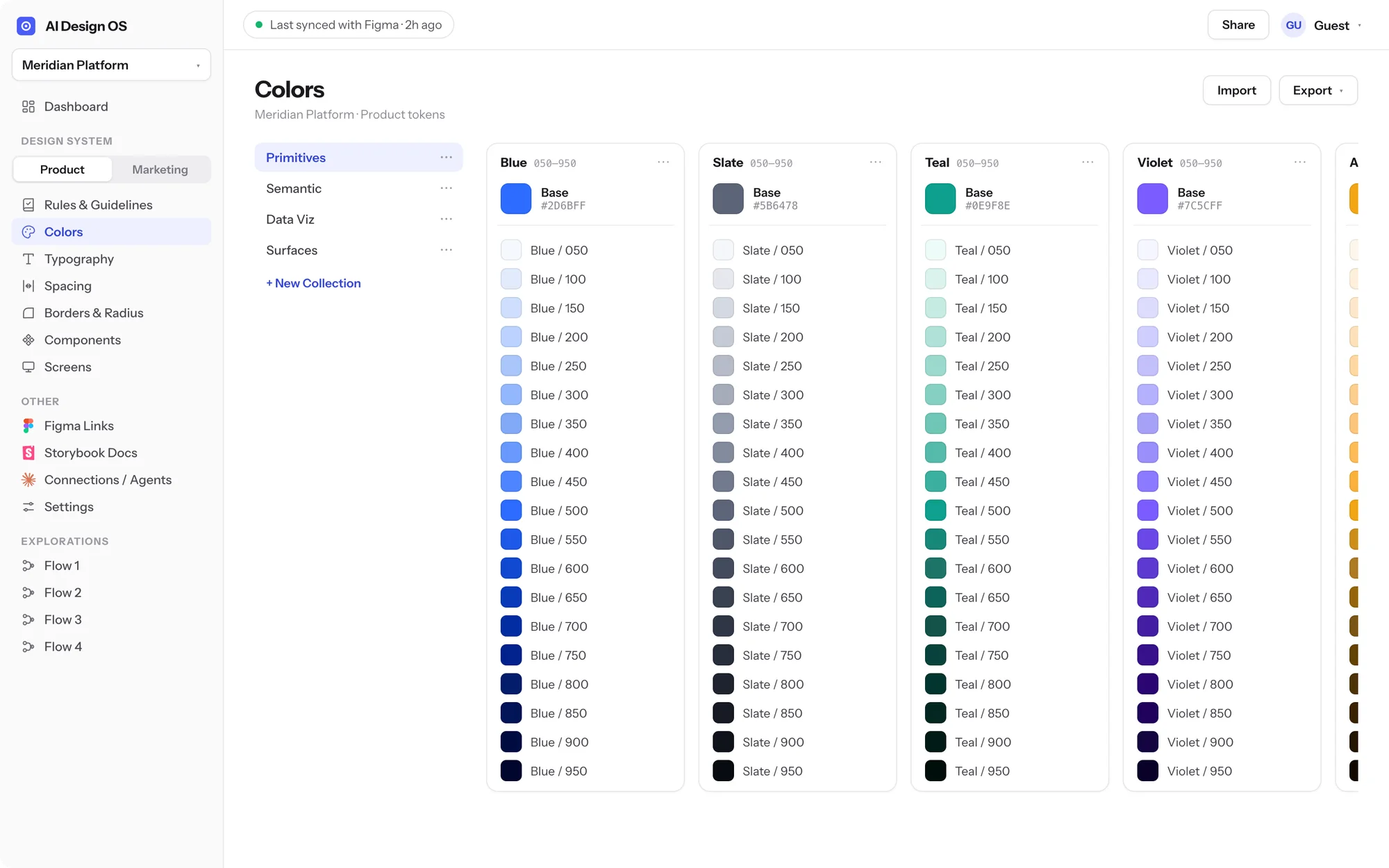 Meridian Platform’s Colors workspace: Primitives, Semantic, Data Viz, and Surfaces collections, synced with Figma two hours ago