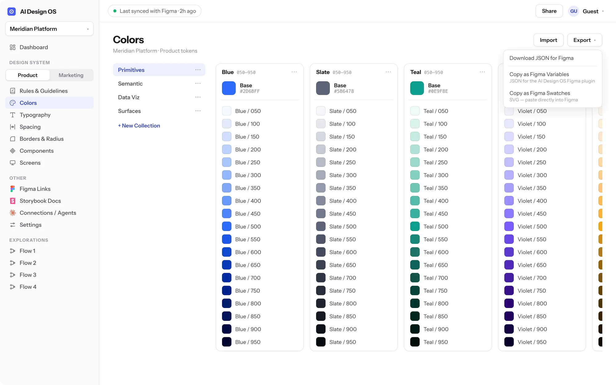 Export menu on the Colors workspace with Figma JSON and SVG swatch options