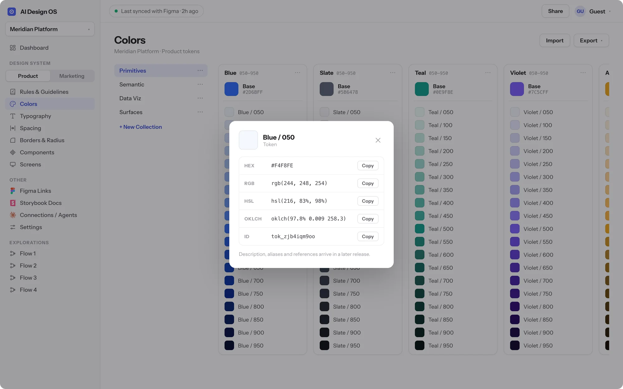 Token inspector for Blue 050 showing the value as HEX, RGB, HSL, and OKLCH with copy actions