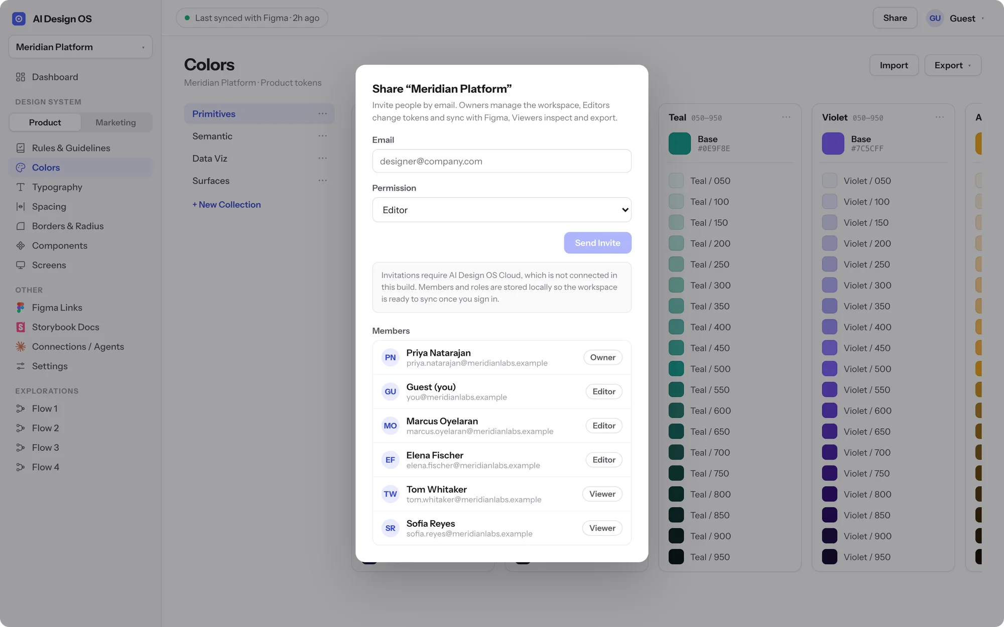Share panel for Meridian Platform listing members with owner, editor, and viewer roles