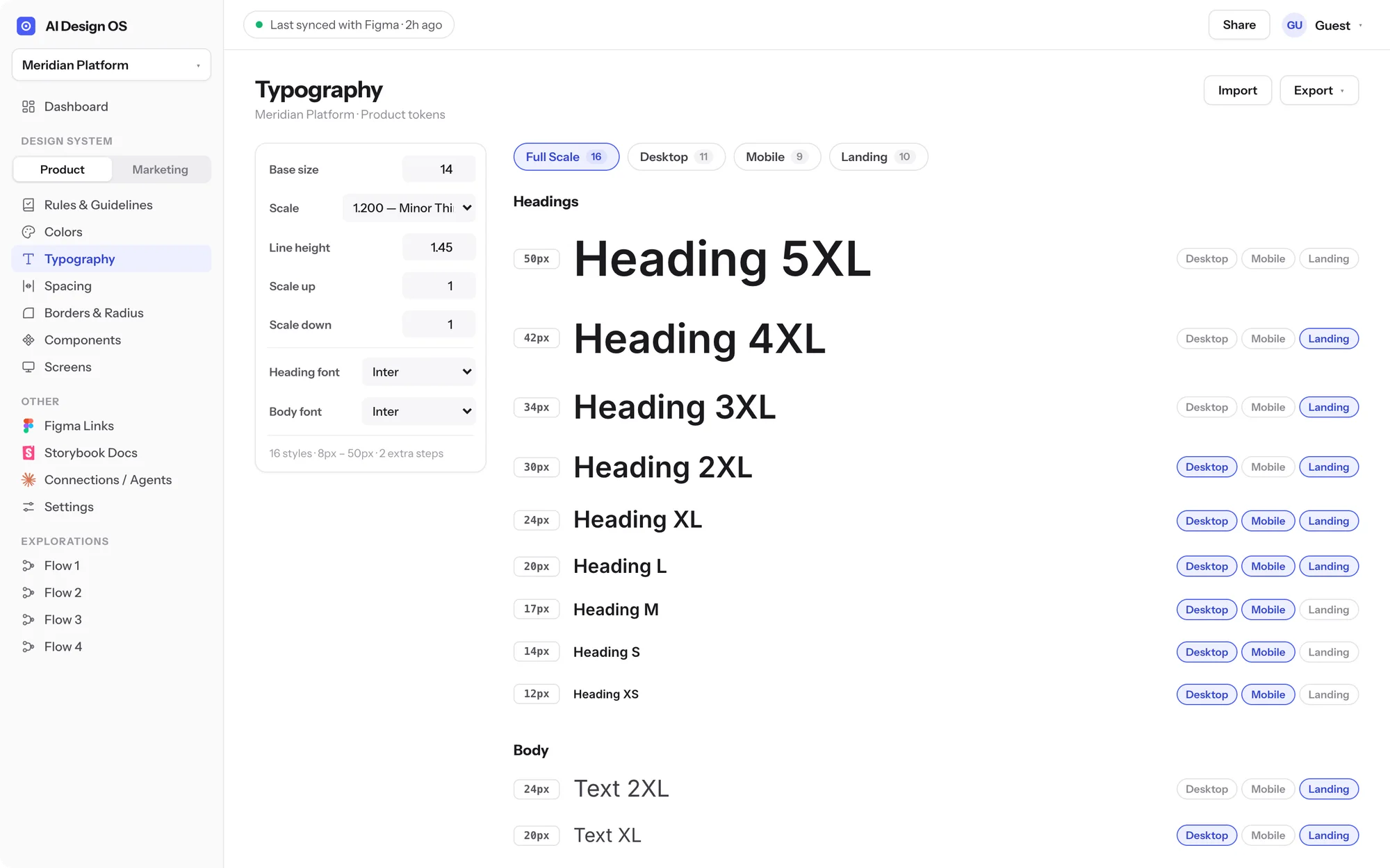 Meridian Platform’s product typography: a 14px base and 1.2 ratio generating the full scale with Desktop, Mobile, and Landing assignments