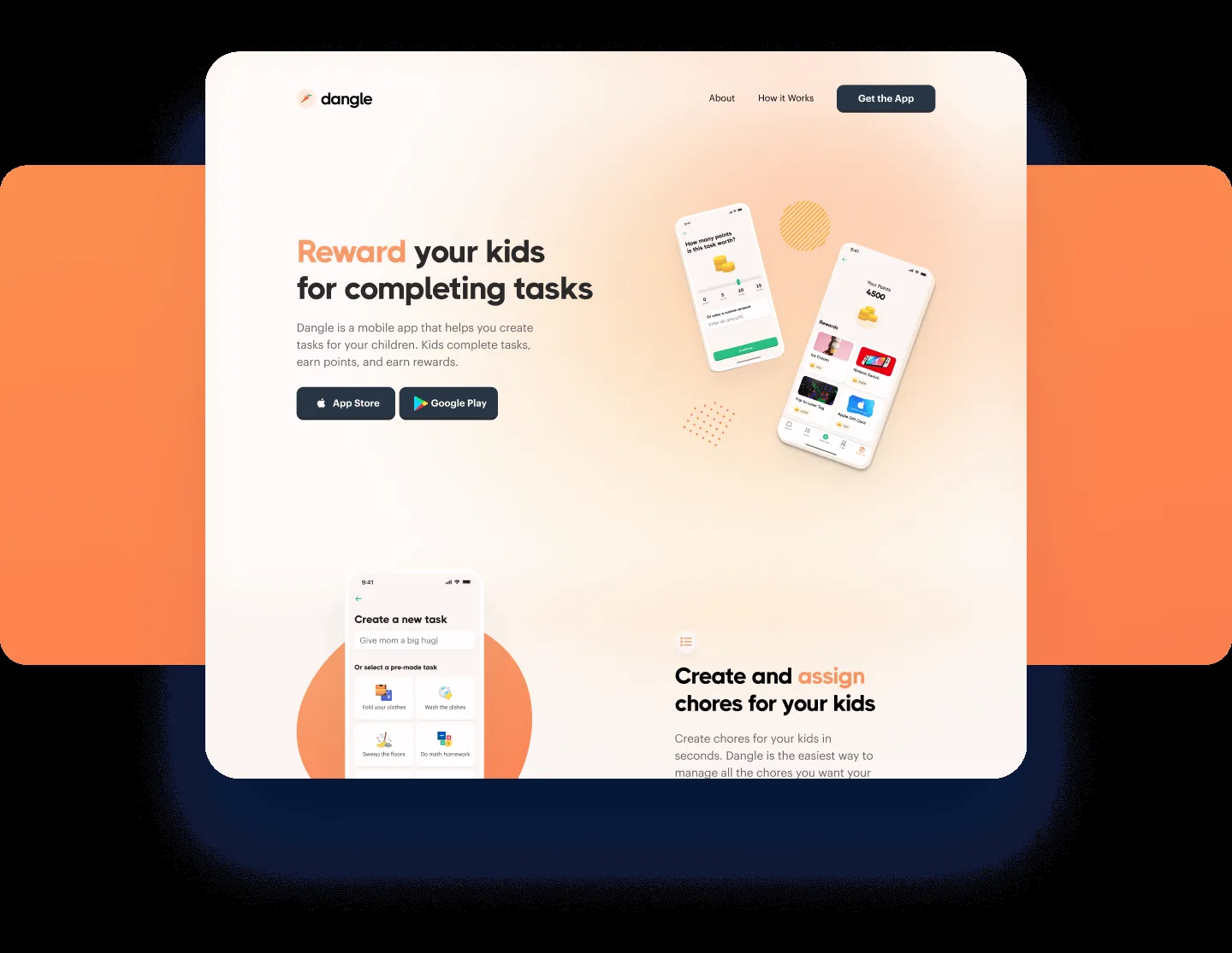 Dangle marketing landing page promoting the family chore-gamification app
