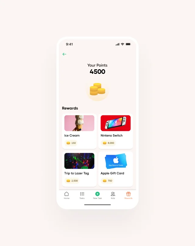 Dangle rewards interface where children can redeem earned points