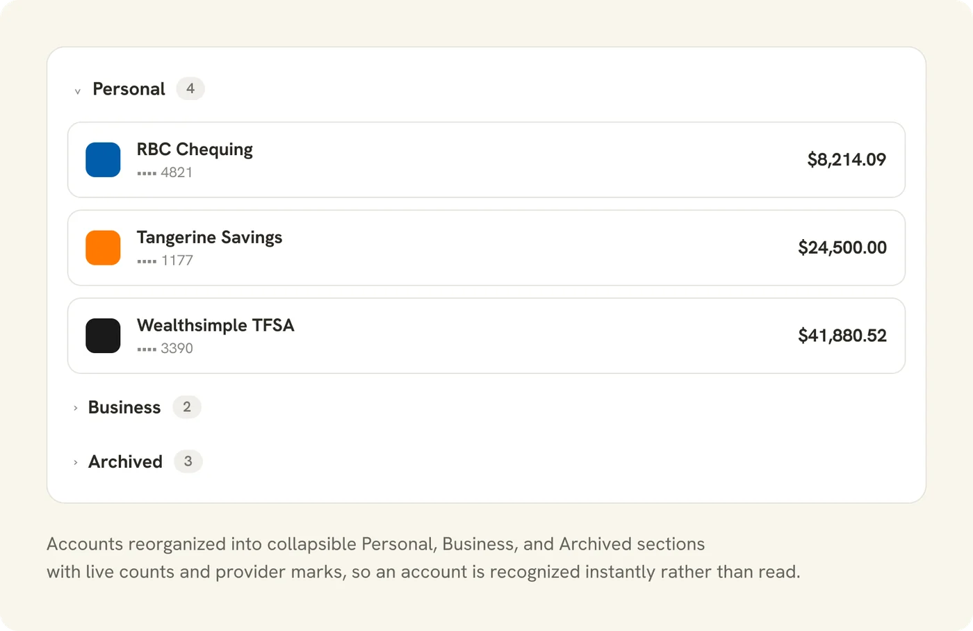 Collapsible Personal, Business, and Archived account sections with live counts