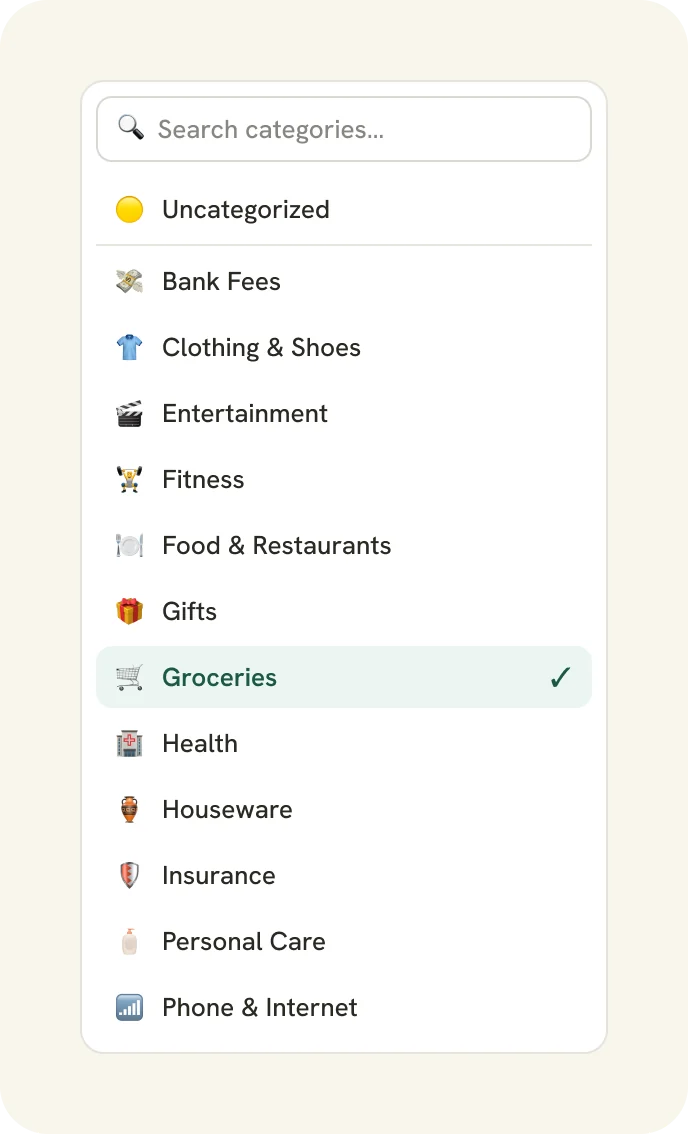 Category dropdown with emoji-led categories and search
