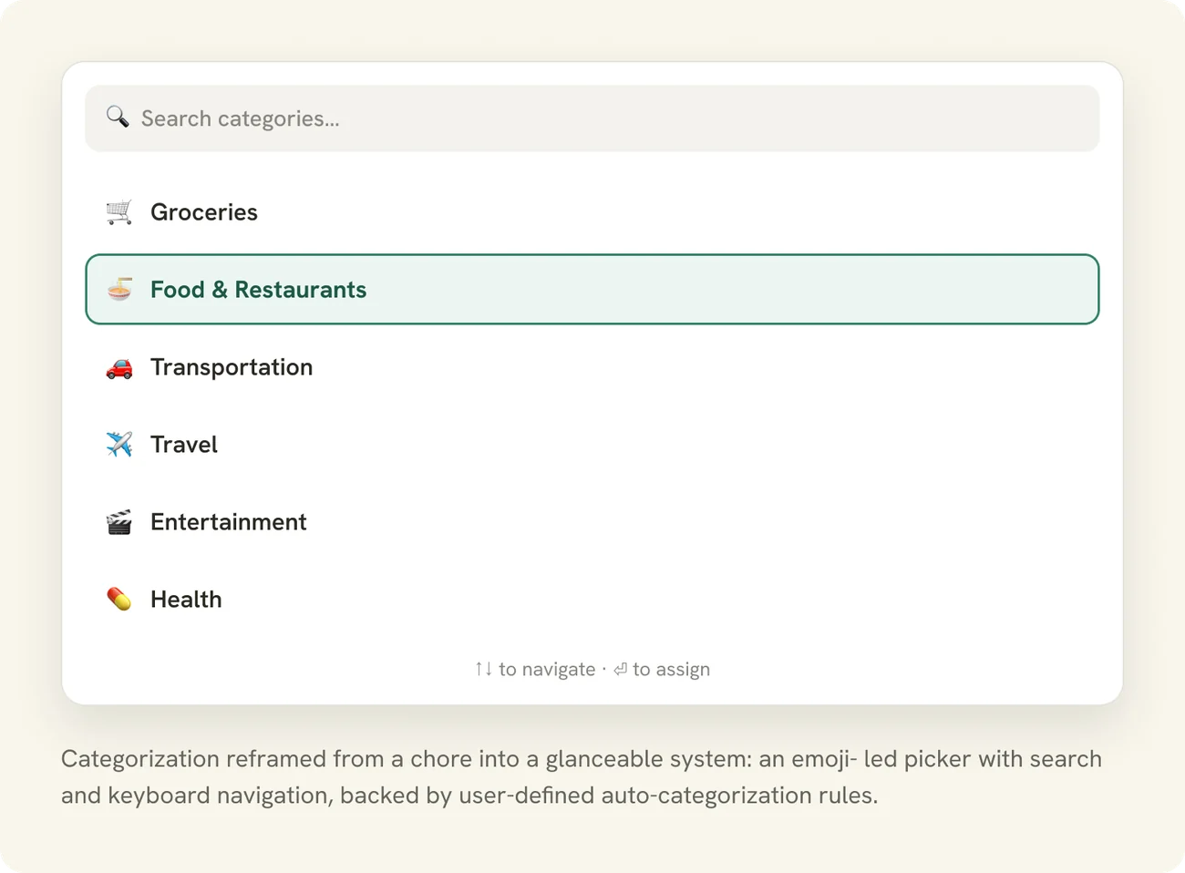 Emoji-led category picker with search and keyboard navigation