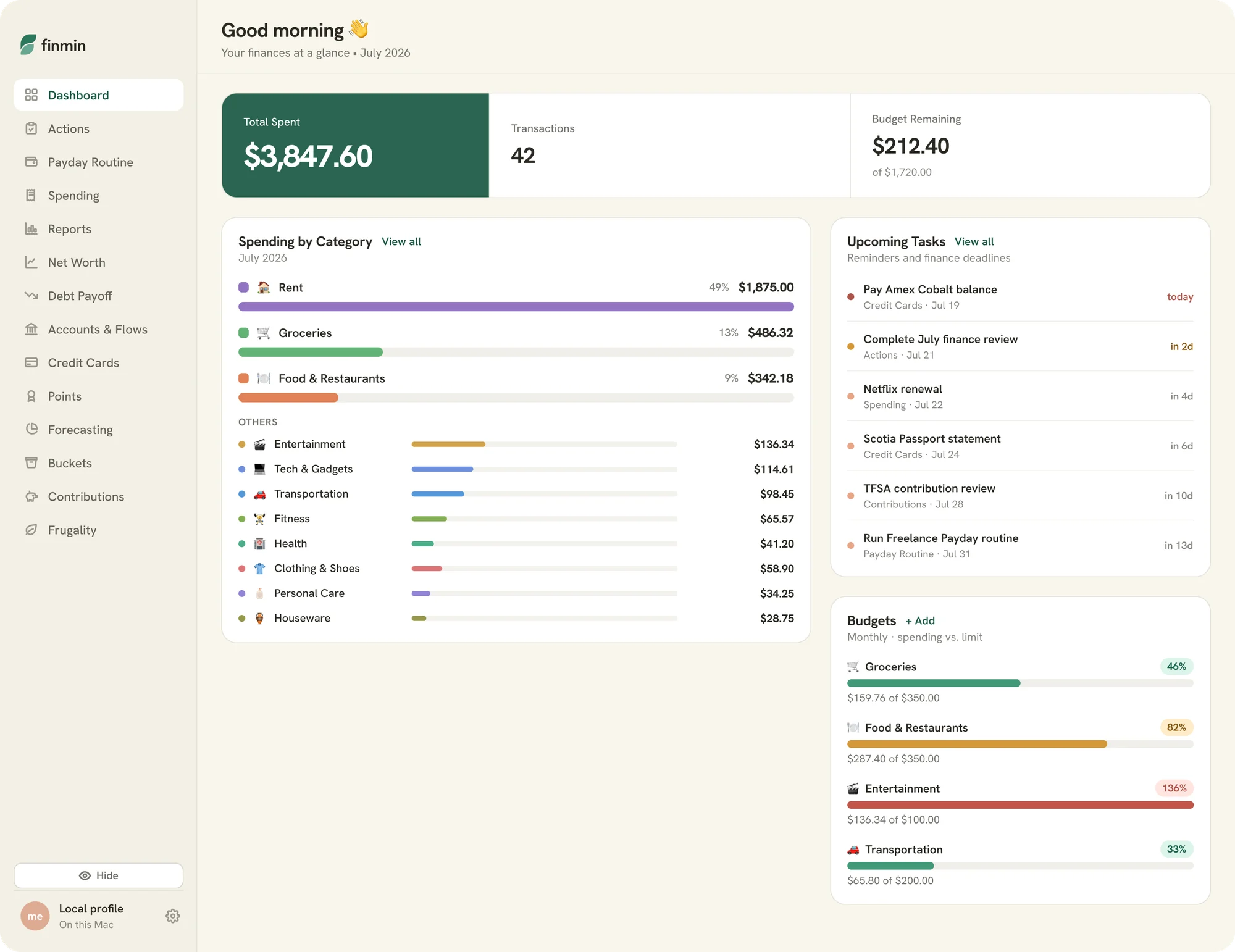 FinMin dashboard with total spent, spending by category, upcoming tasks, and budget progress