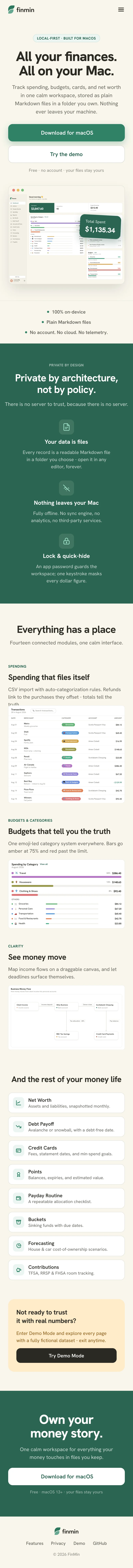 The FinMin landing page on mobile: stacked hero, privacy pillars, feature tour, and closing call to action