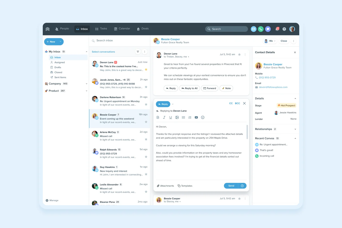 Follow Up Boss sales lead inbox with conversations, message composer, and contact details