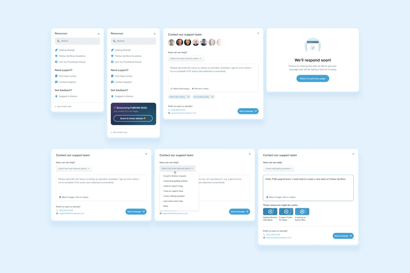 Follow Up Boss support resources, contact support flow, and success confirmation states