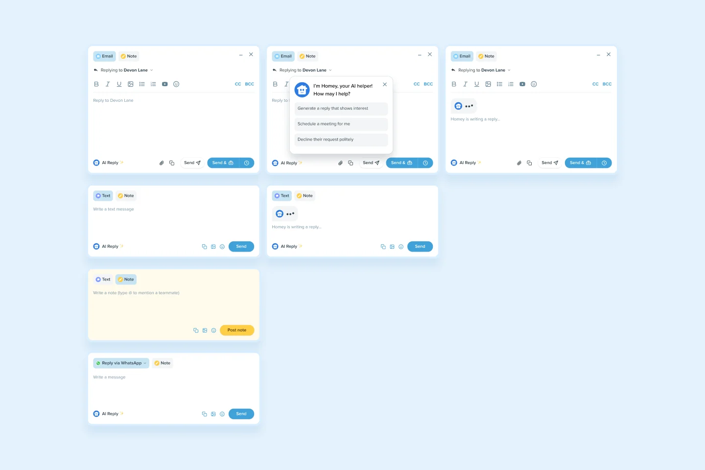 Follow Up Boss email, text, note, and WhatsApp composer variants with AI reply states