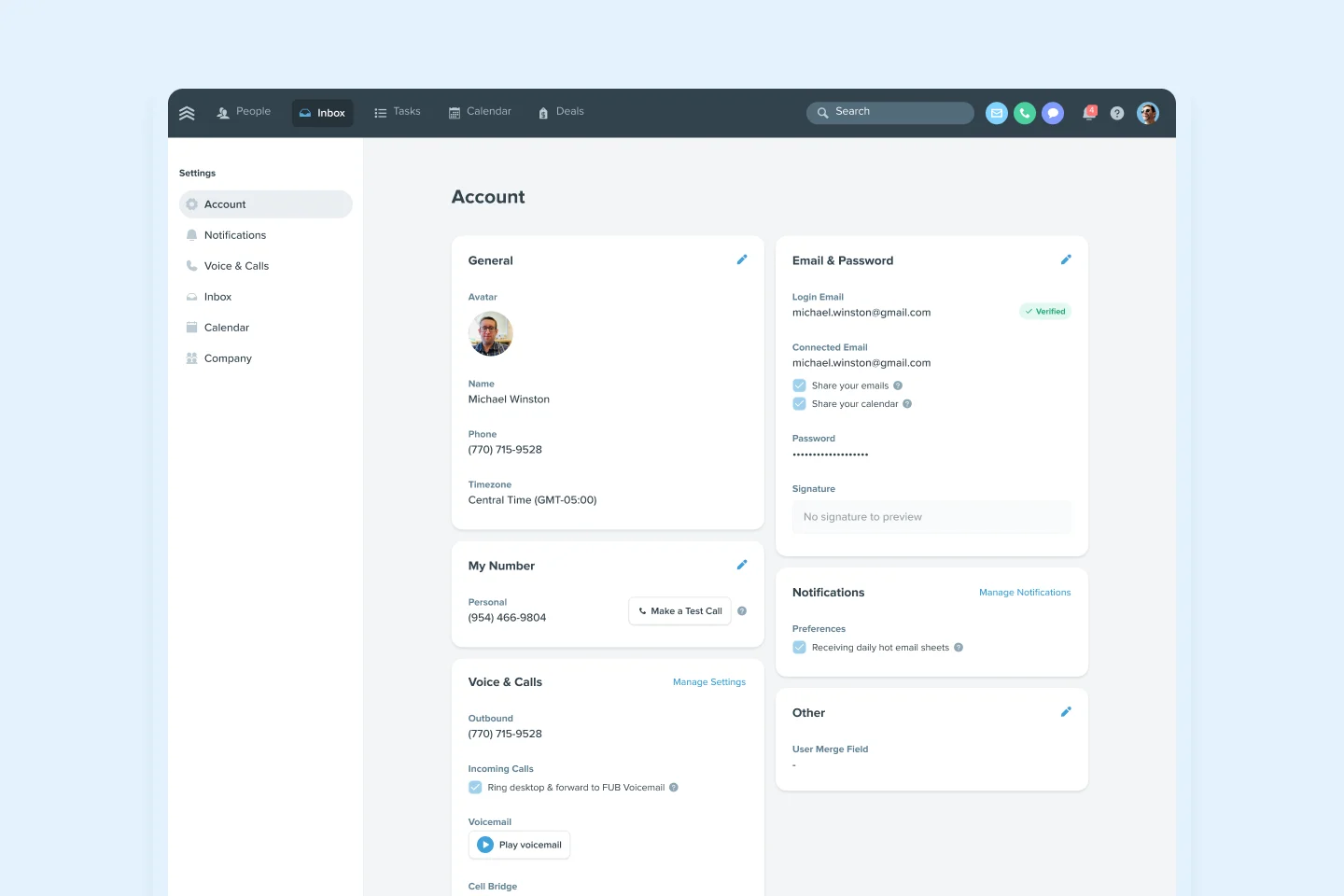 Follow Up Boss account settings dashboard