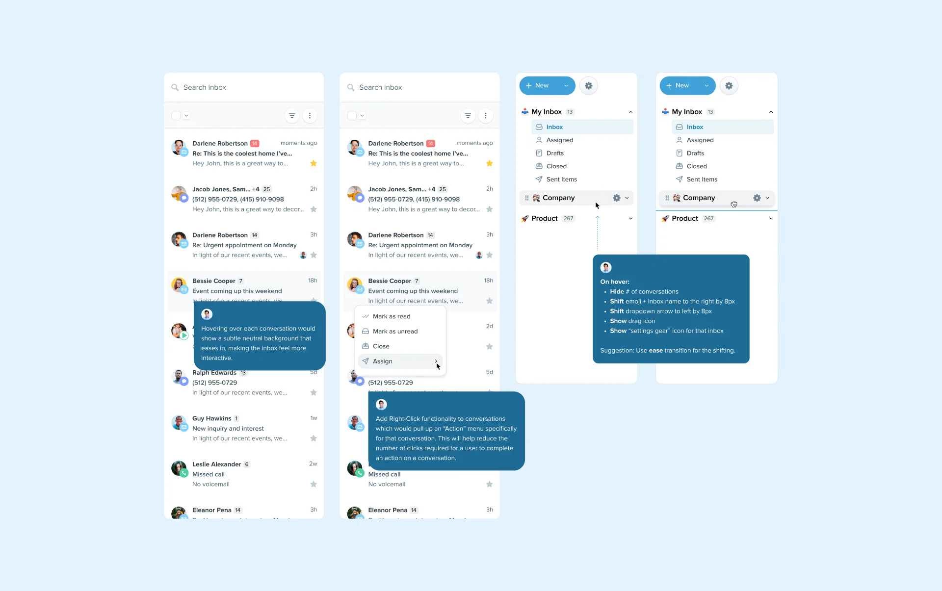 Annotated Follow Up Boss inbox list and menu interaction states
