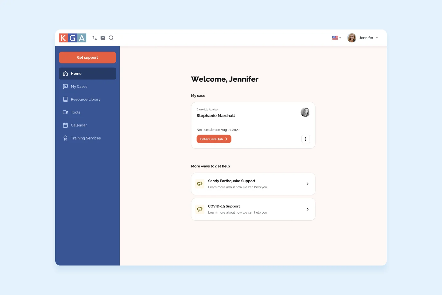 Redesigned KGA LifeServices employee dashboard with care advisor, support alerts, and resource navigation