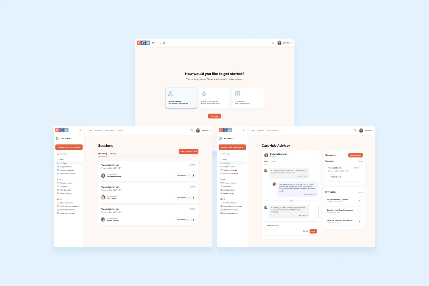KGA LifeServices onboarding, support sessions, and care advisor messaging interface screens