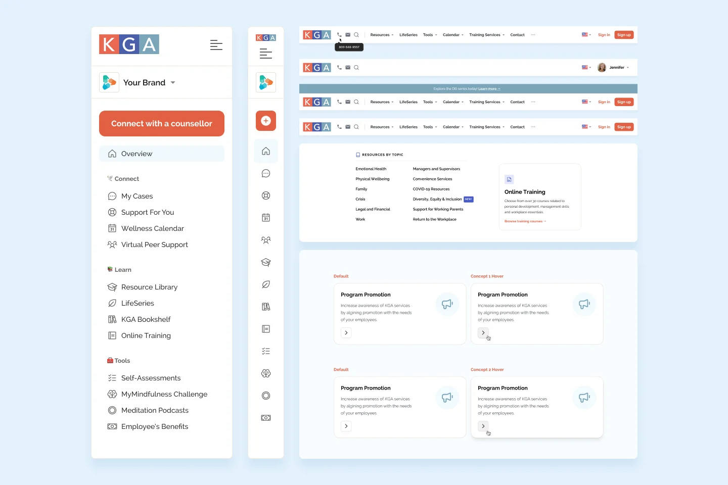 Responsive KGA LifeServices navigation and sidebar patterns with resource and promotion states