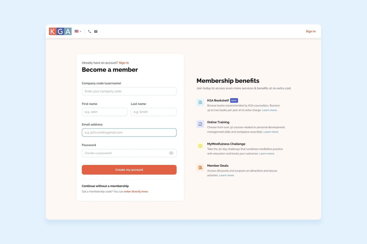 KGA LifeServices membership registration page with membership benefits