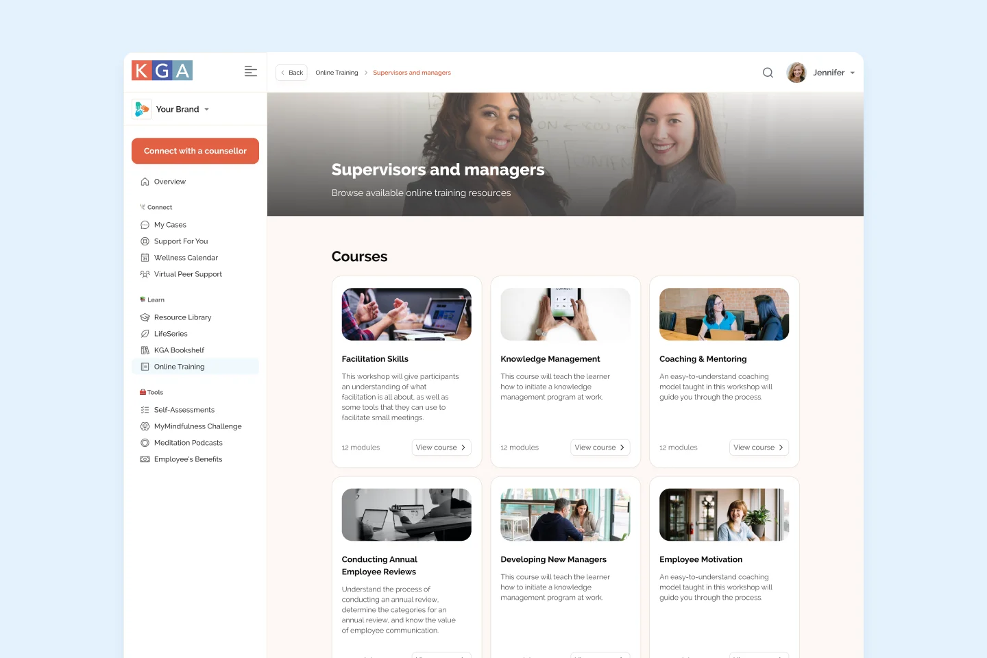 KGA LifeServices online training course catalog for supervisors and managers