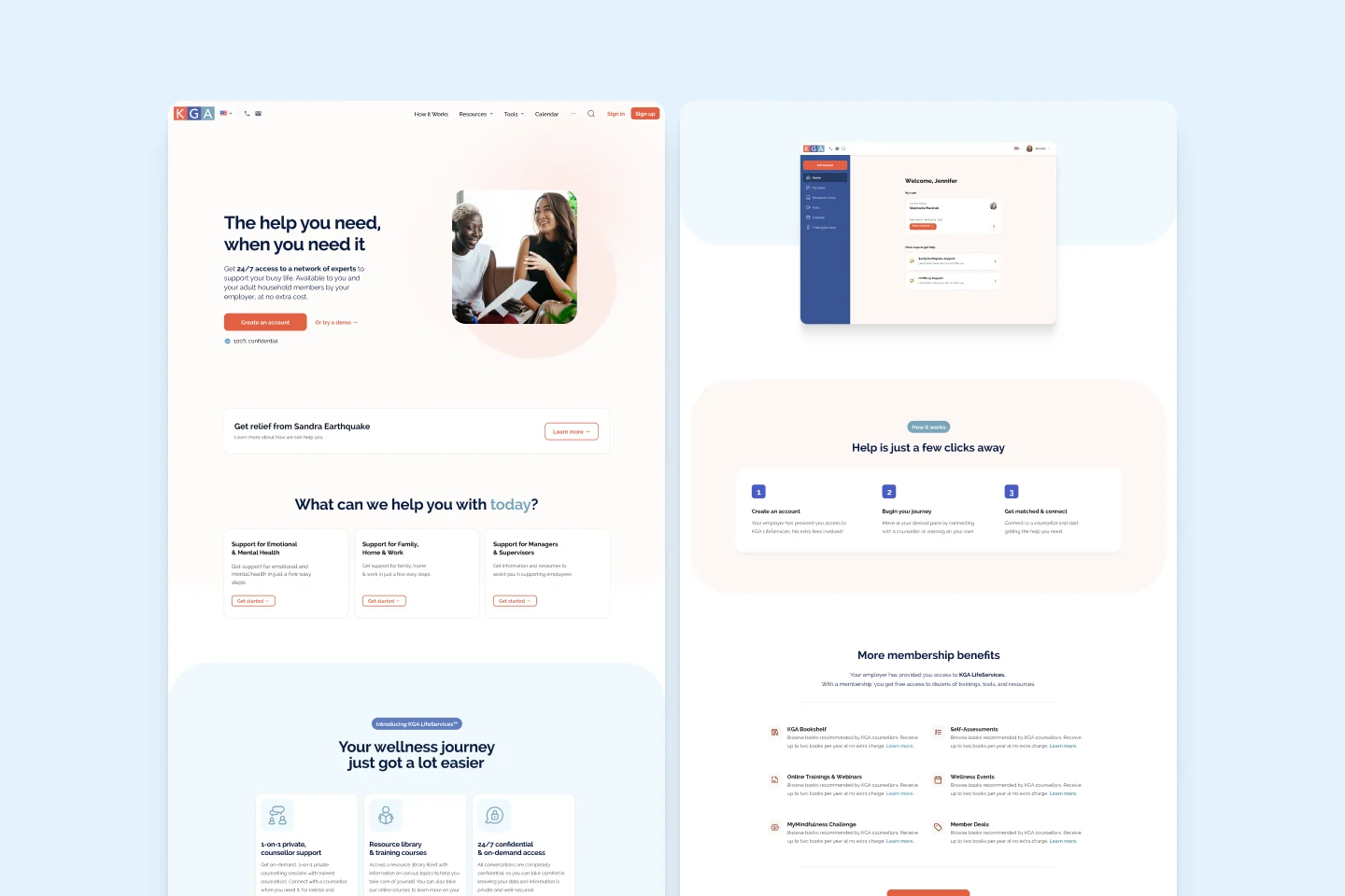 KGA LifeServices marketing landing page presenting support categories, membership benefits, and how the service works