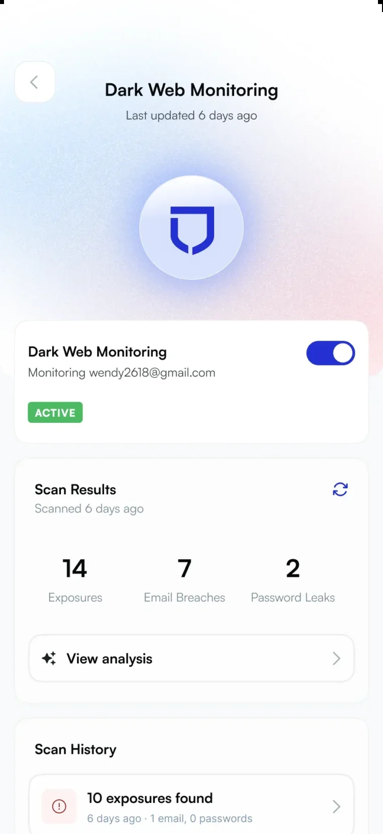 Redesigned Dark Web Monitoring flow with plain-language results and friendly pacing