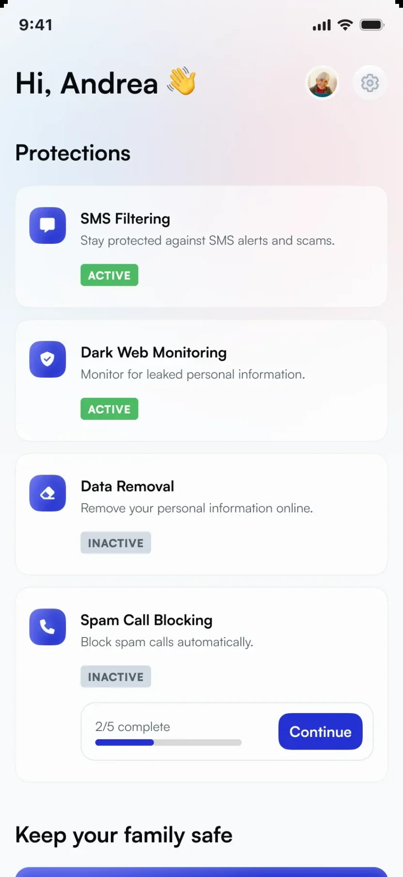 Redesigned Lifeguard dashboard with clear protection states and friendly hierarchy