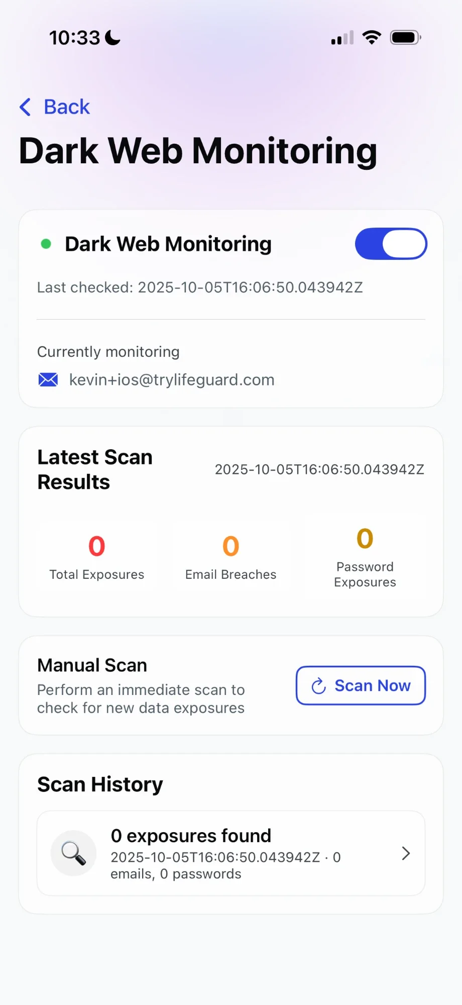 Original Dark Web Monitoring screen with raw timestamps and dense stats