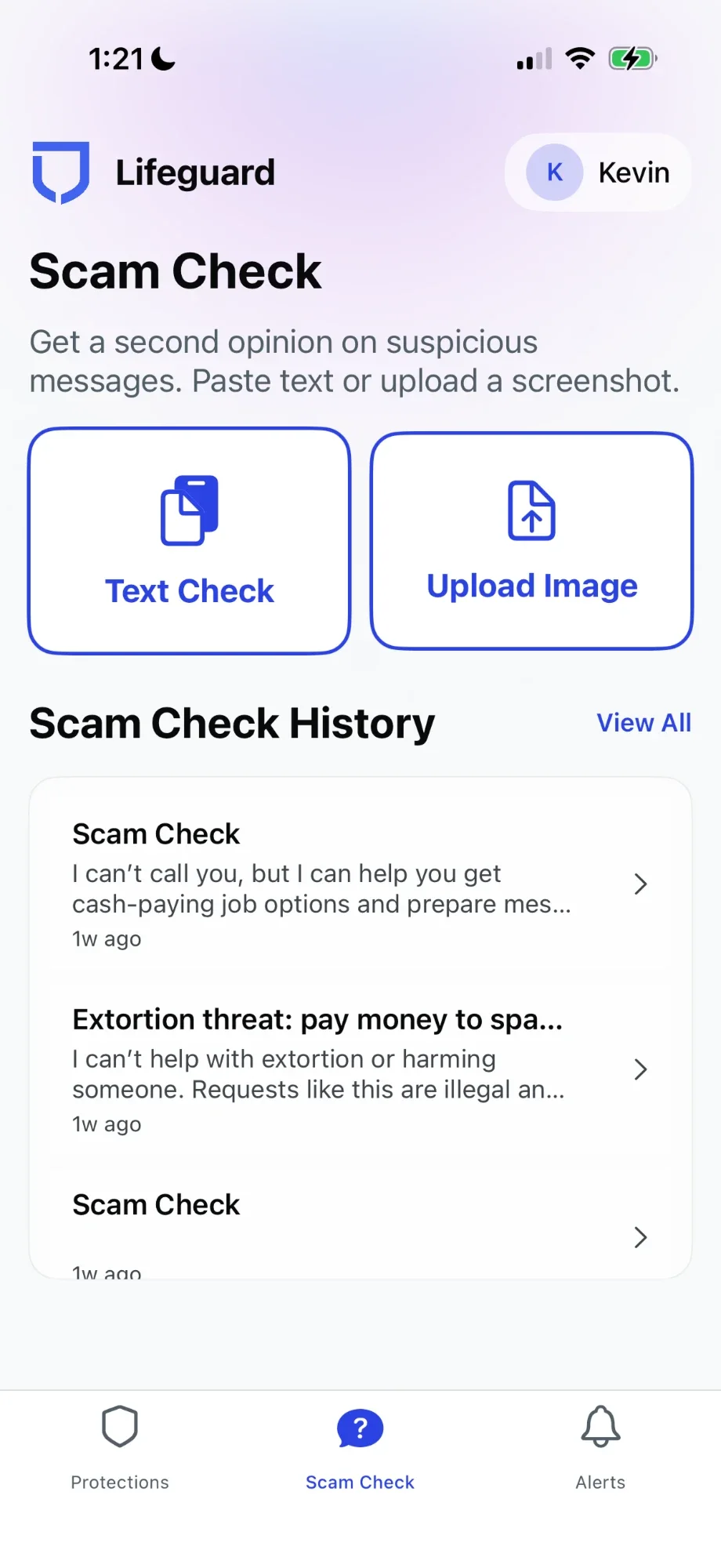 Original Scam Check screen with outlined utility buttons and dense history list