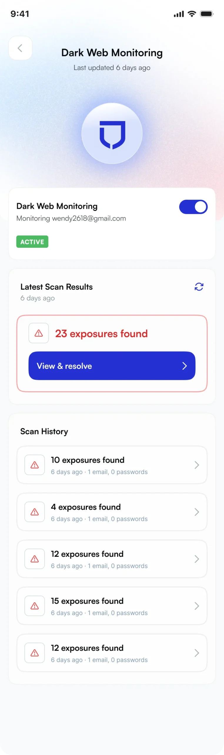 Full-length redesigned Dark Web Monitoring mobile flow