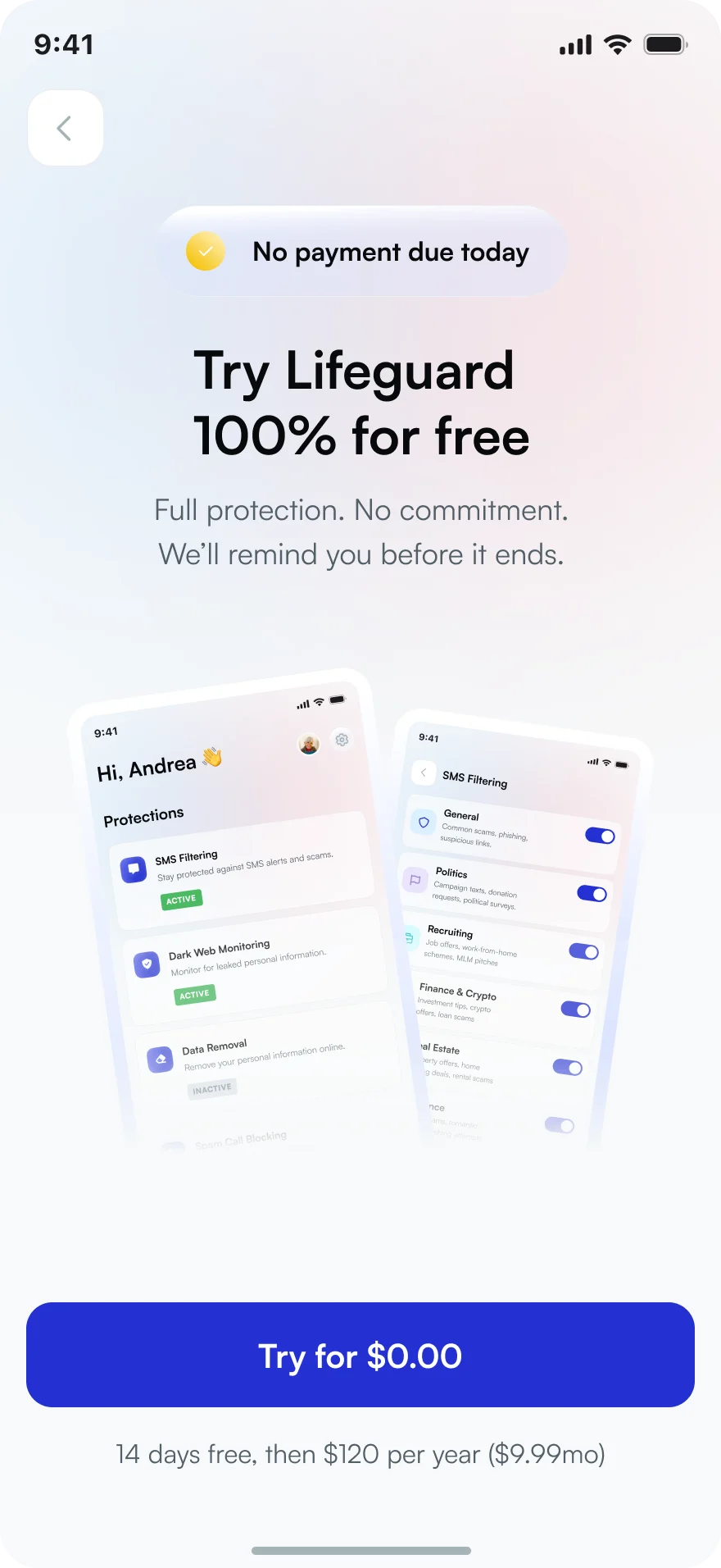 Lifeguard trial paywall screen offering the full product free with no payment due today