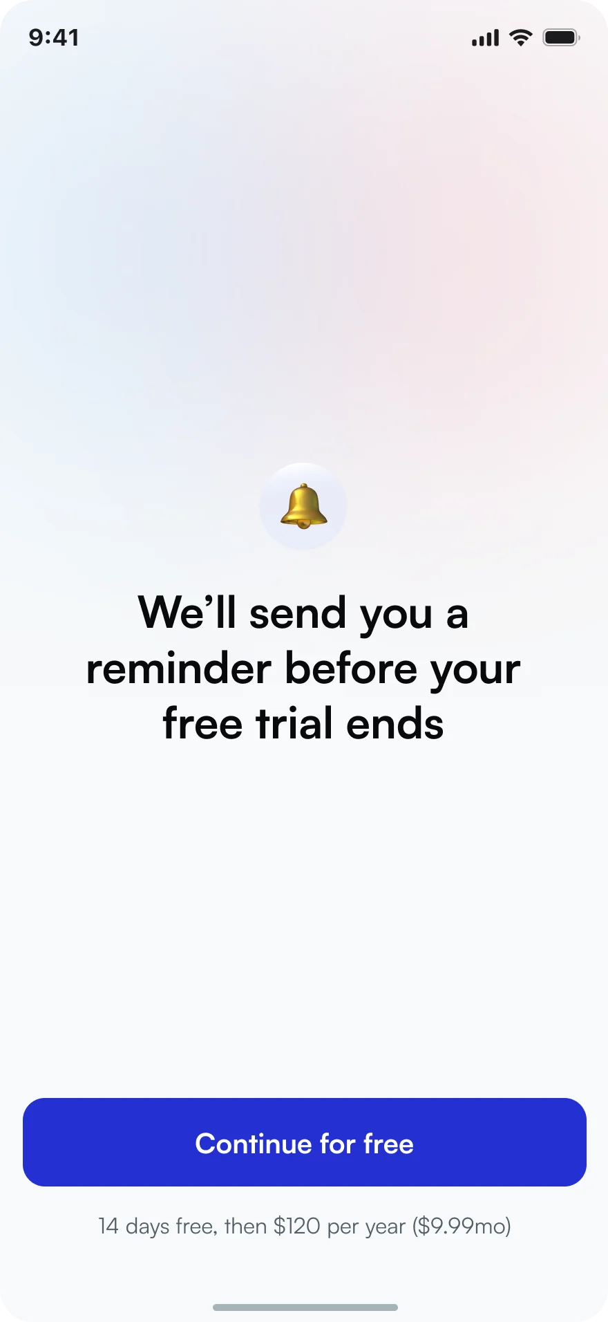 Screen reassuring users they will be reminded before the free trial ends
