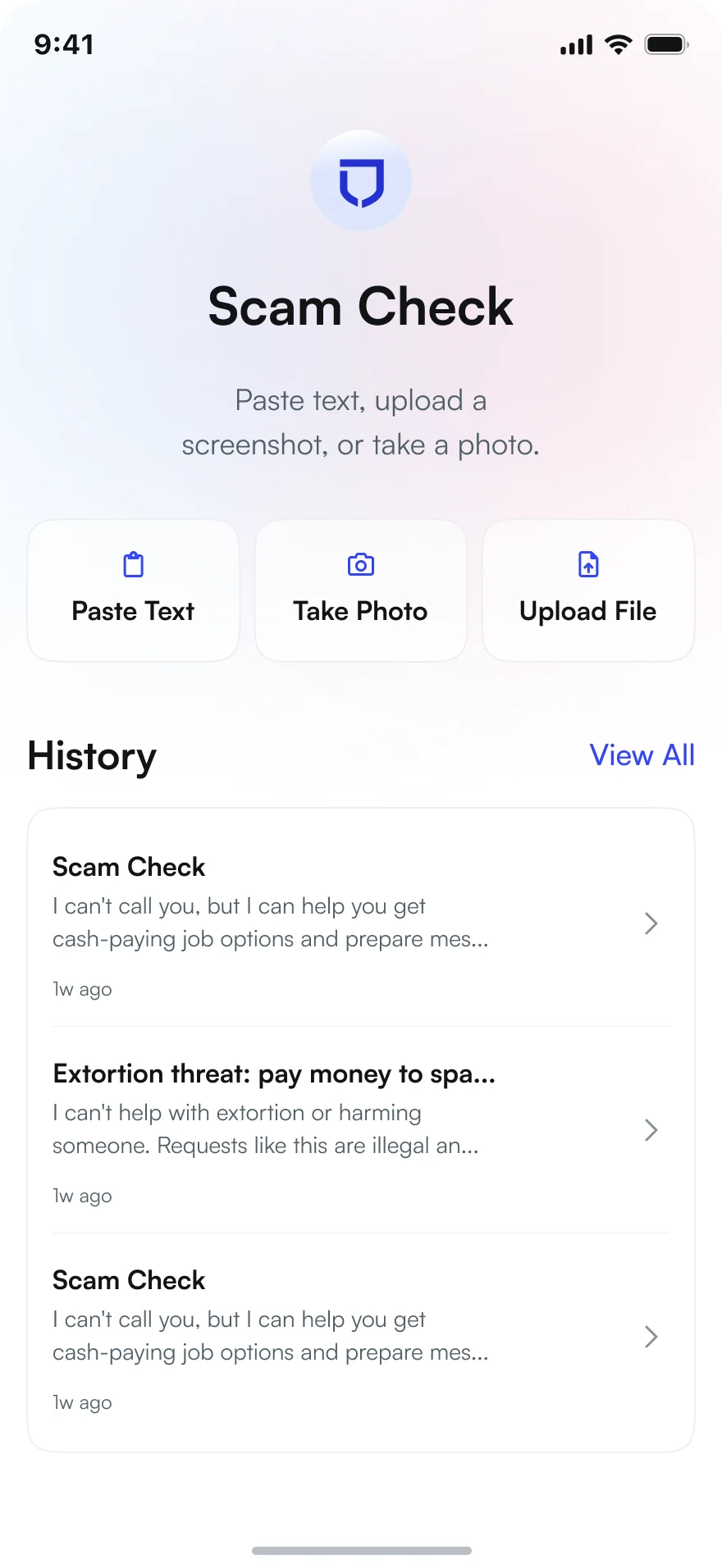 Redesigned Scam Check screen with approachable actions and clearer history