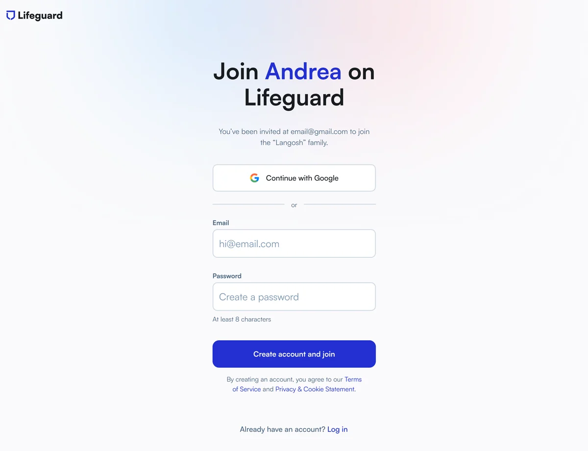 Lifeguard web app invite landing screen asking the user to join a family team