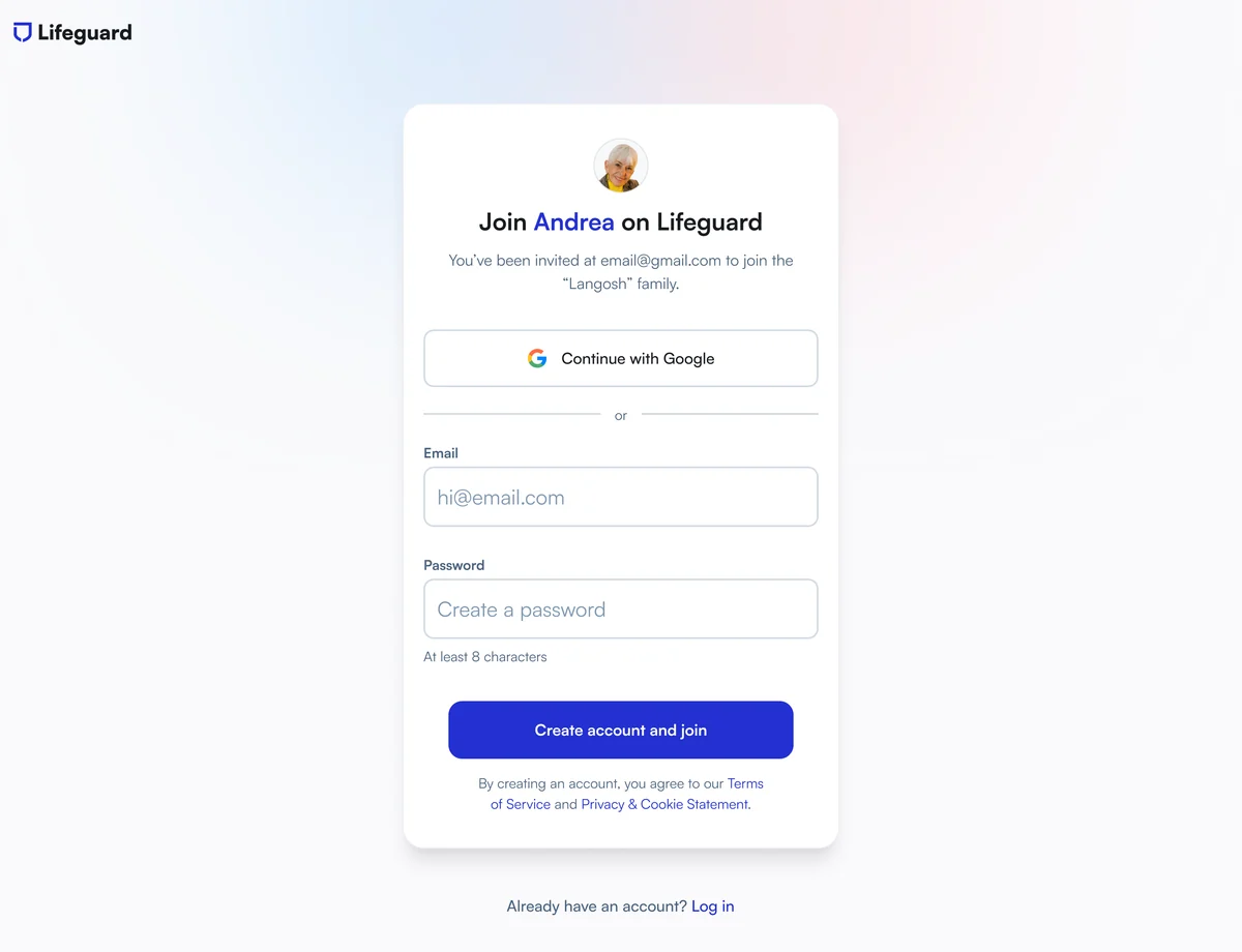 Lifeguard account creation card with the inviting family member’s avatar for context