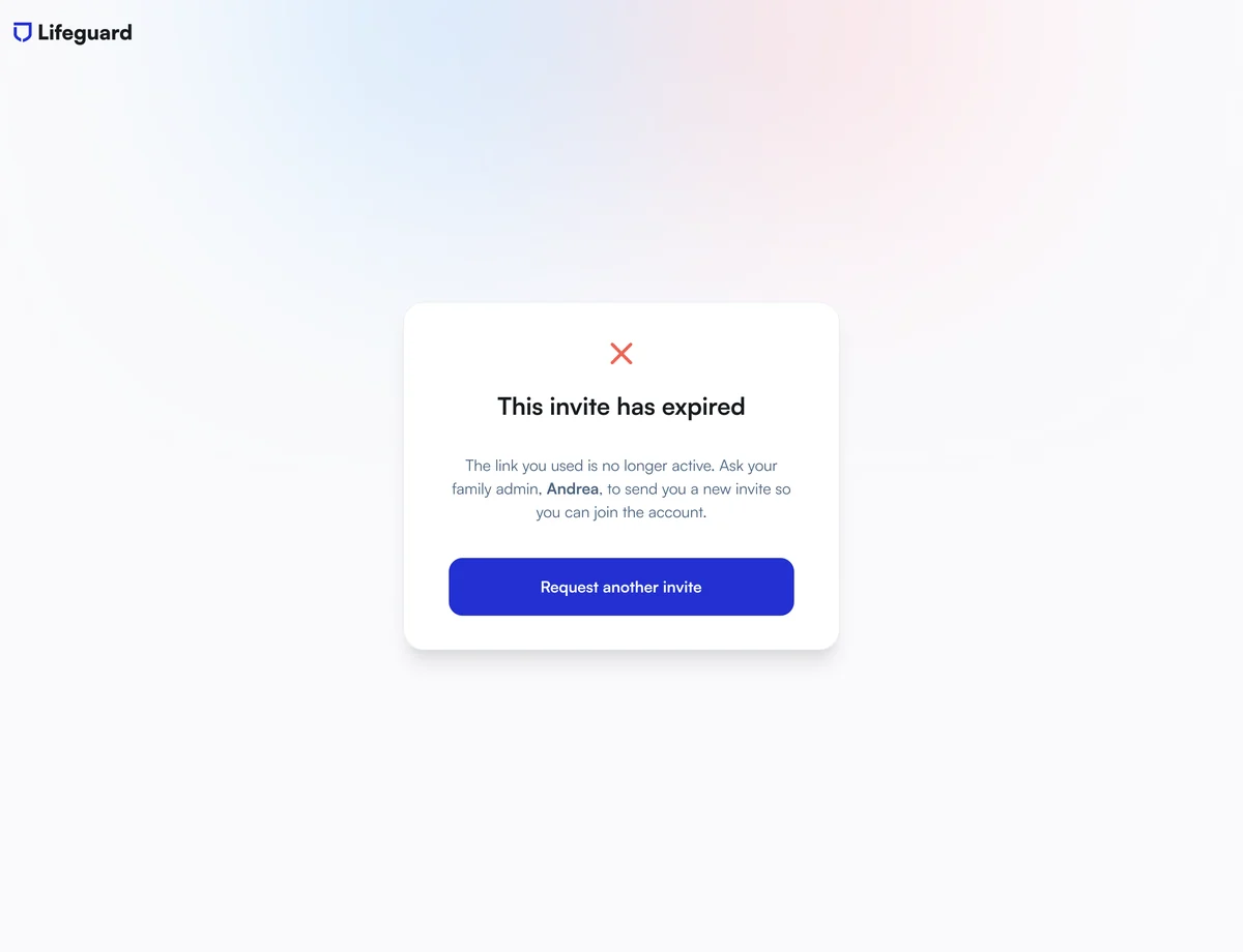Expired invite screen offering a one-tap way to request a new invite