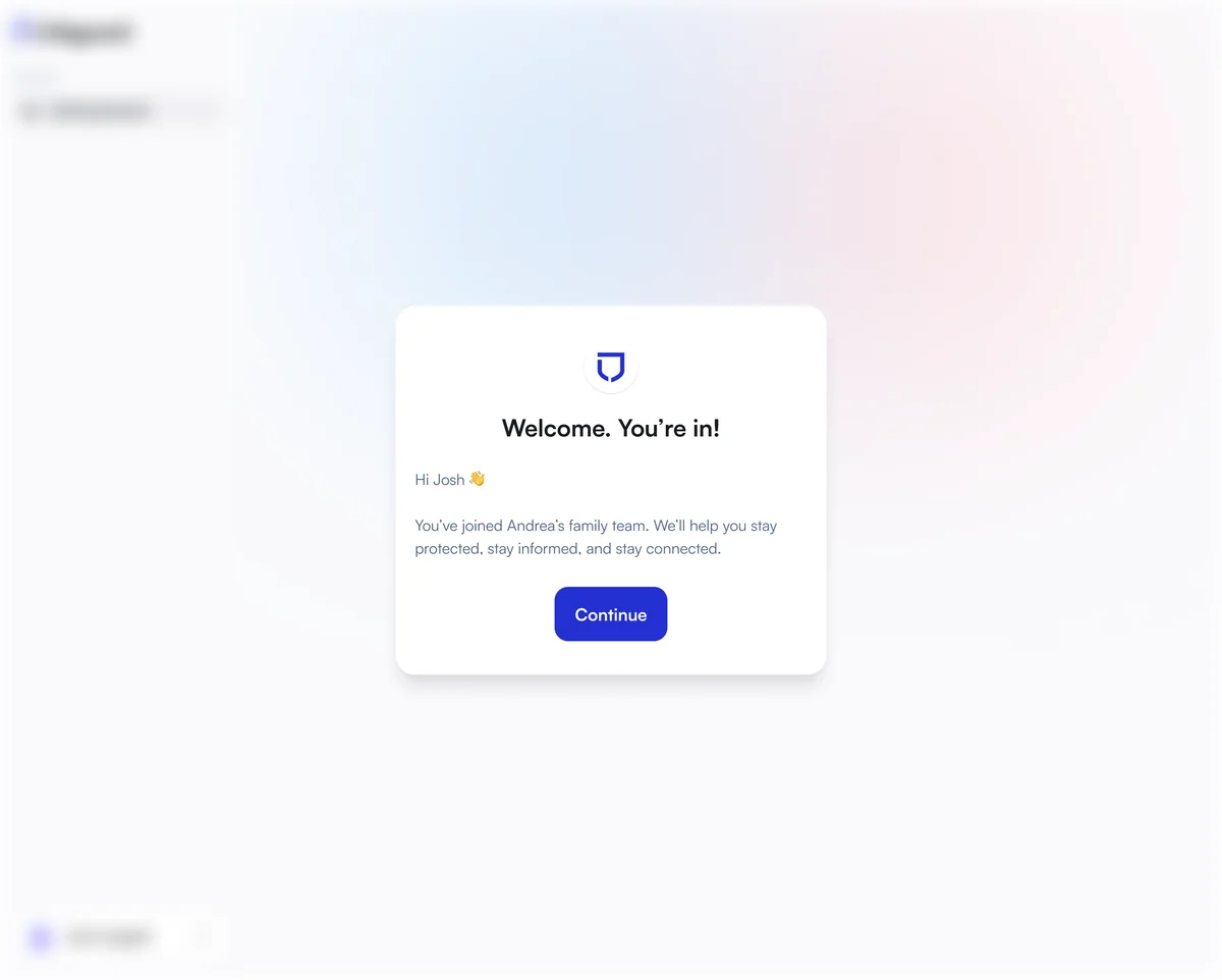 Welcome card confirming the user has joined their family’s protection team