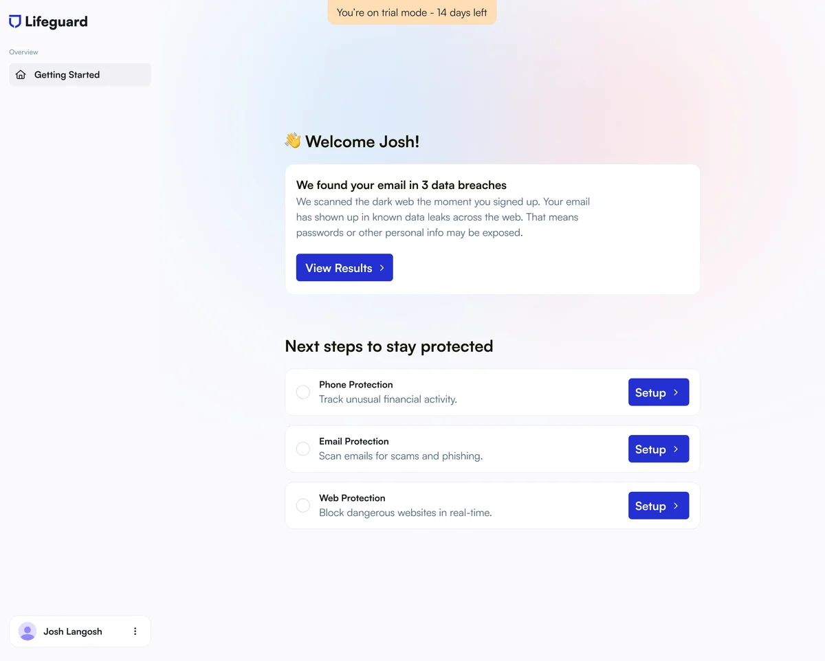 Trial-mode getting-started page with breach results and next protection steps