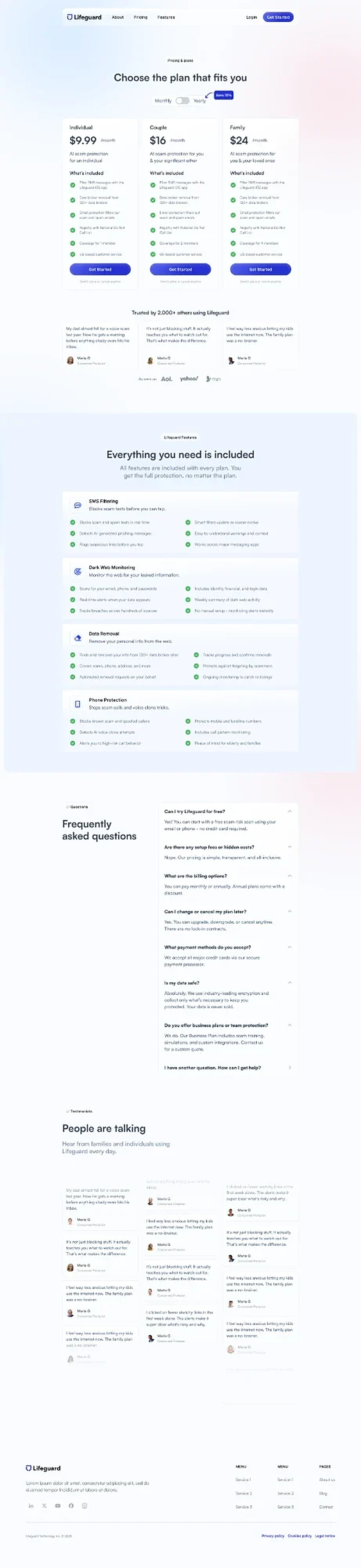 Full-length capture of the redesigned Lifeguard pricing page