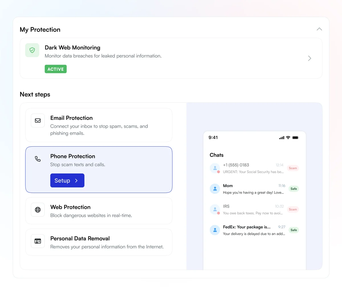 Lifeguard setup checklist state 2 with a live phone preview of the protection being enabled