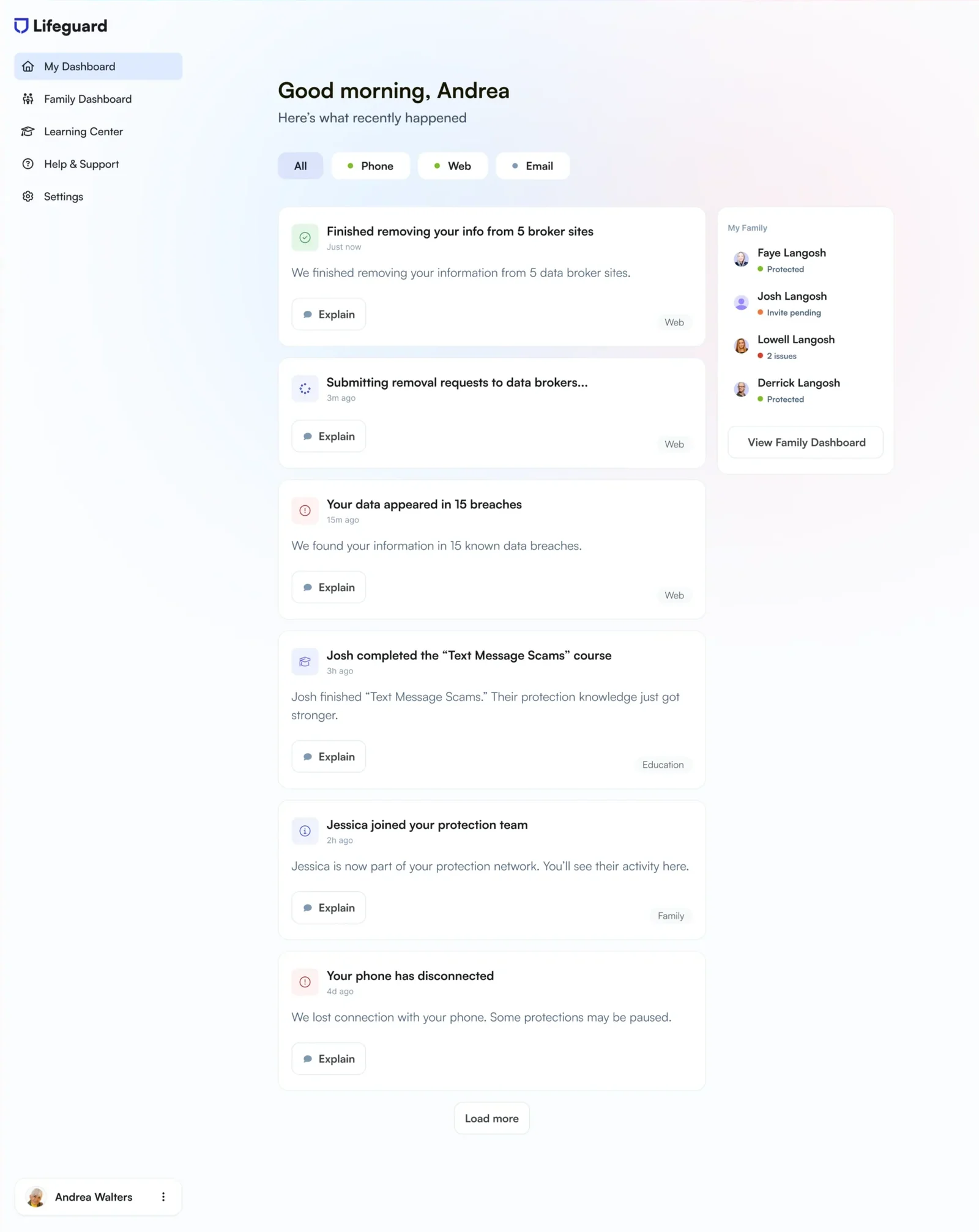 Lifeguard web app dashboard showing protection events and family activity