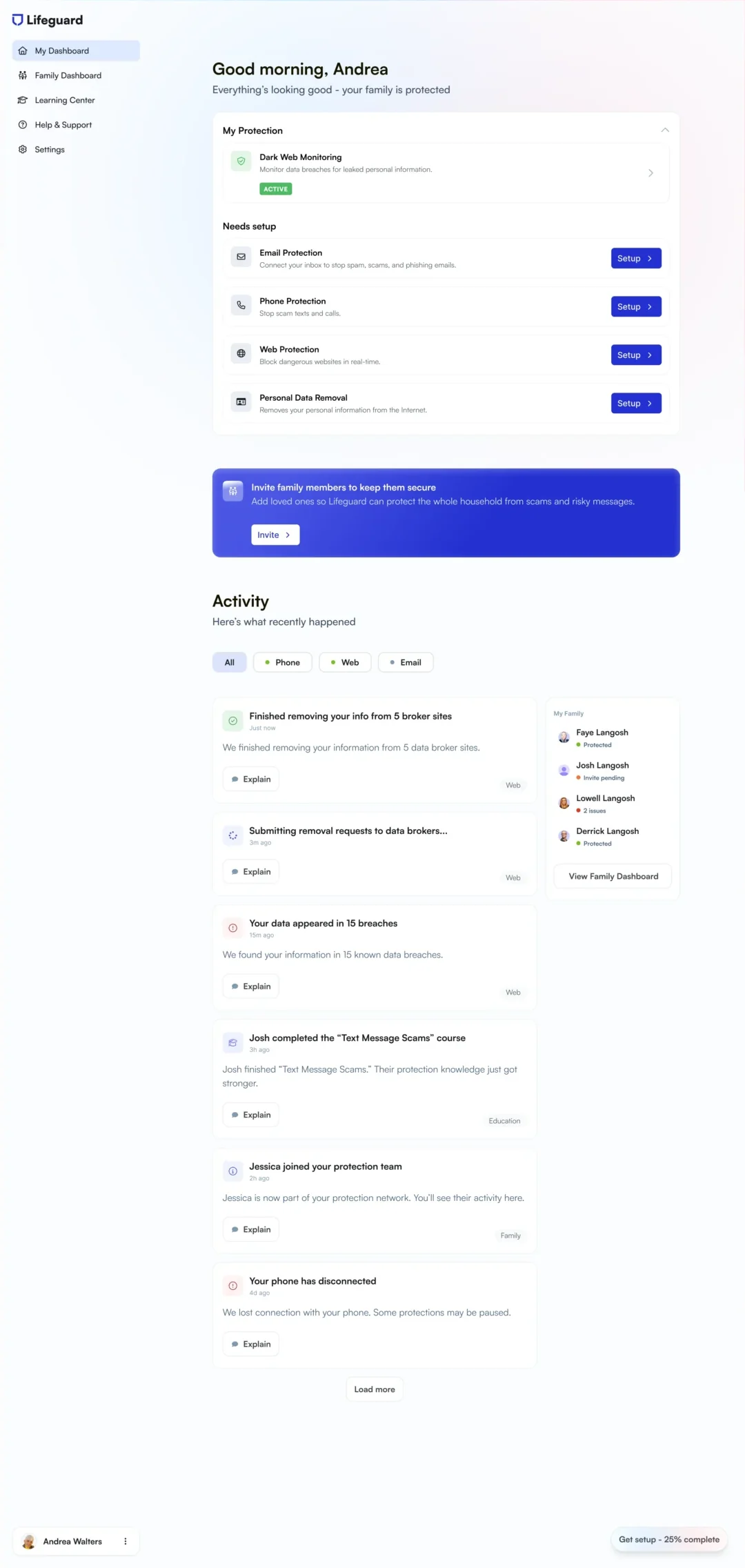 Redesigned Lifeguard web app dashboard with protections and setup checklist