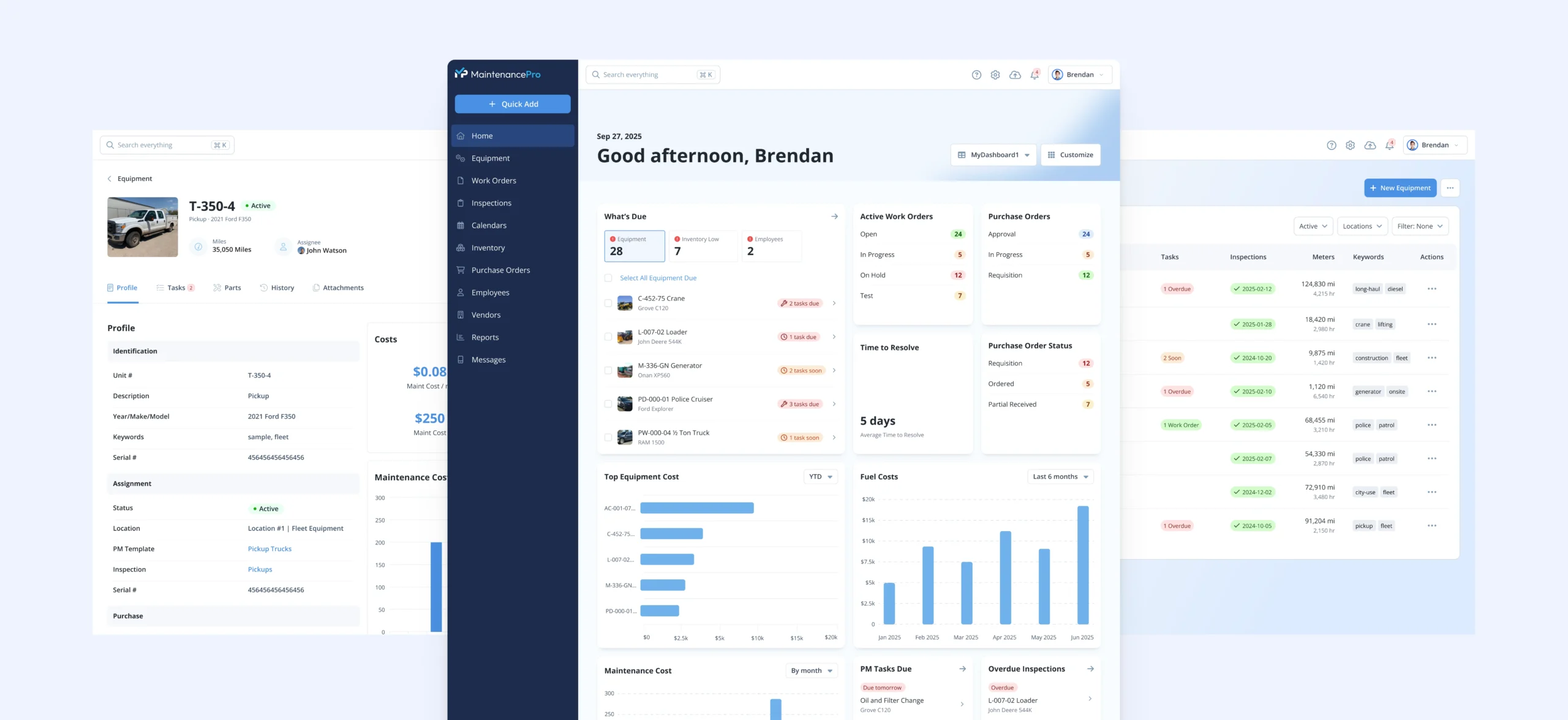 Maintenance Pro platform interface after the UI refresh, shown across the dashboard and detail views