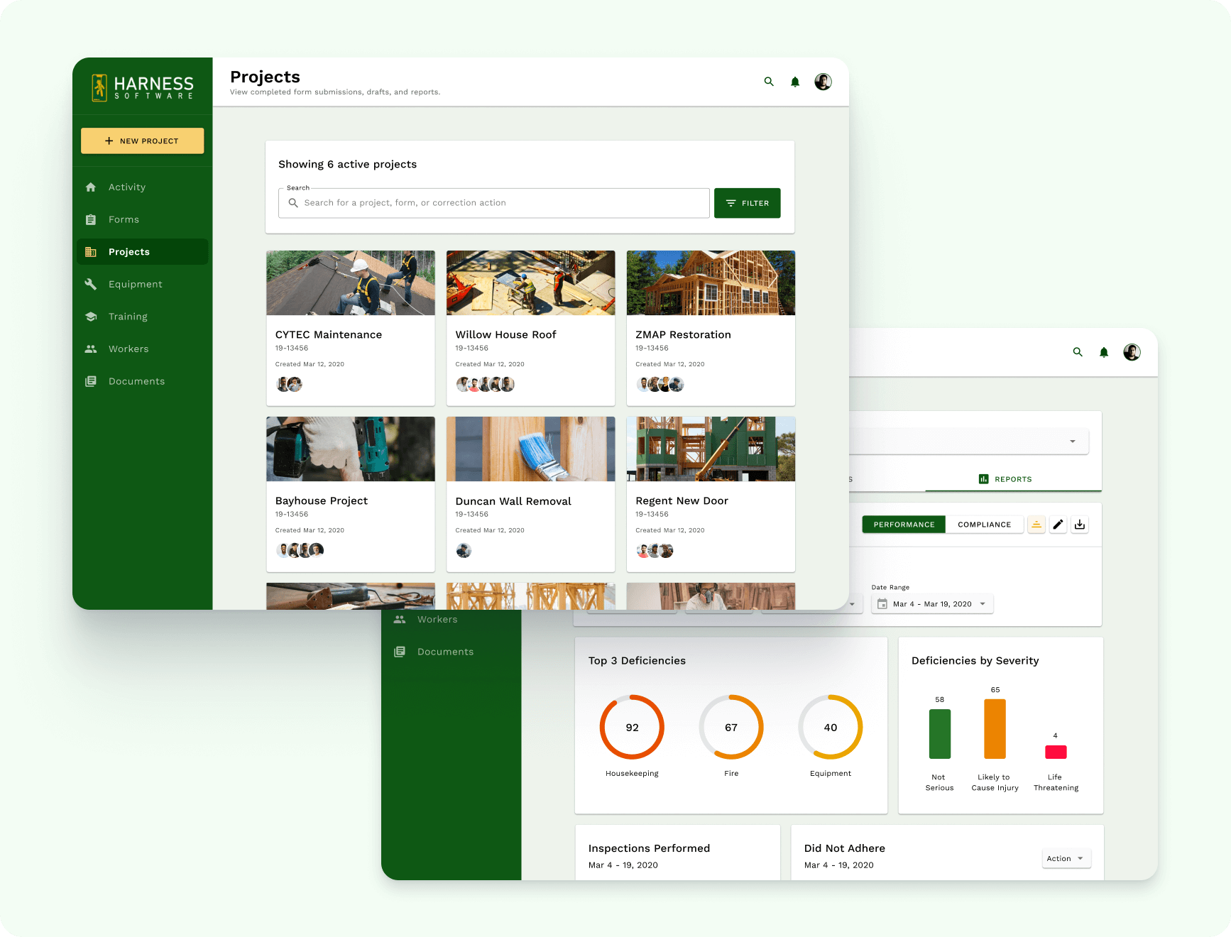 SafetyHQ project timeline and activity feed with events, inspections, and status updates