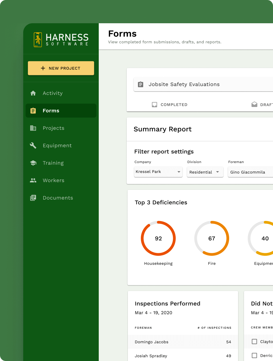 SafetyHQ inspection reporting interface with project compliance data