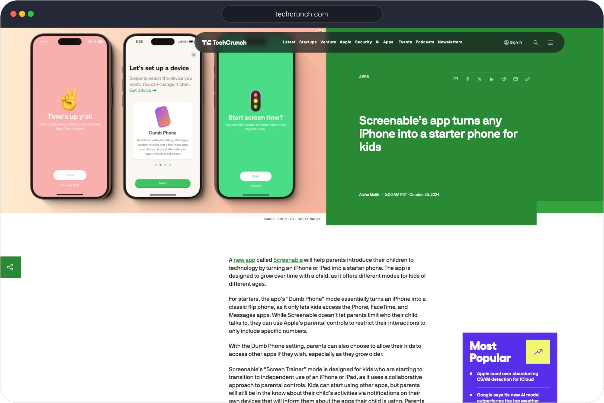 The TechCrunch article featuring Screenable in a browser window, with three app screens above the headline about turning any iPhone into a starter phone for kids