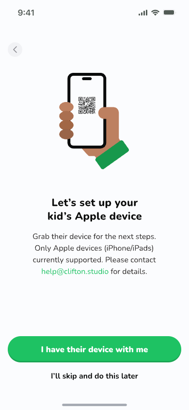 Animated Screenable flow for setting up a kid's Apple device