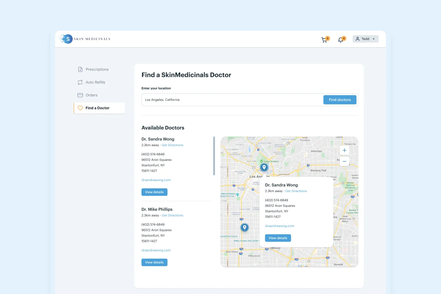 SkinMedicinals Find a Doctor search and map interface