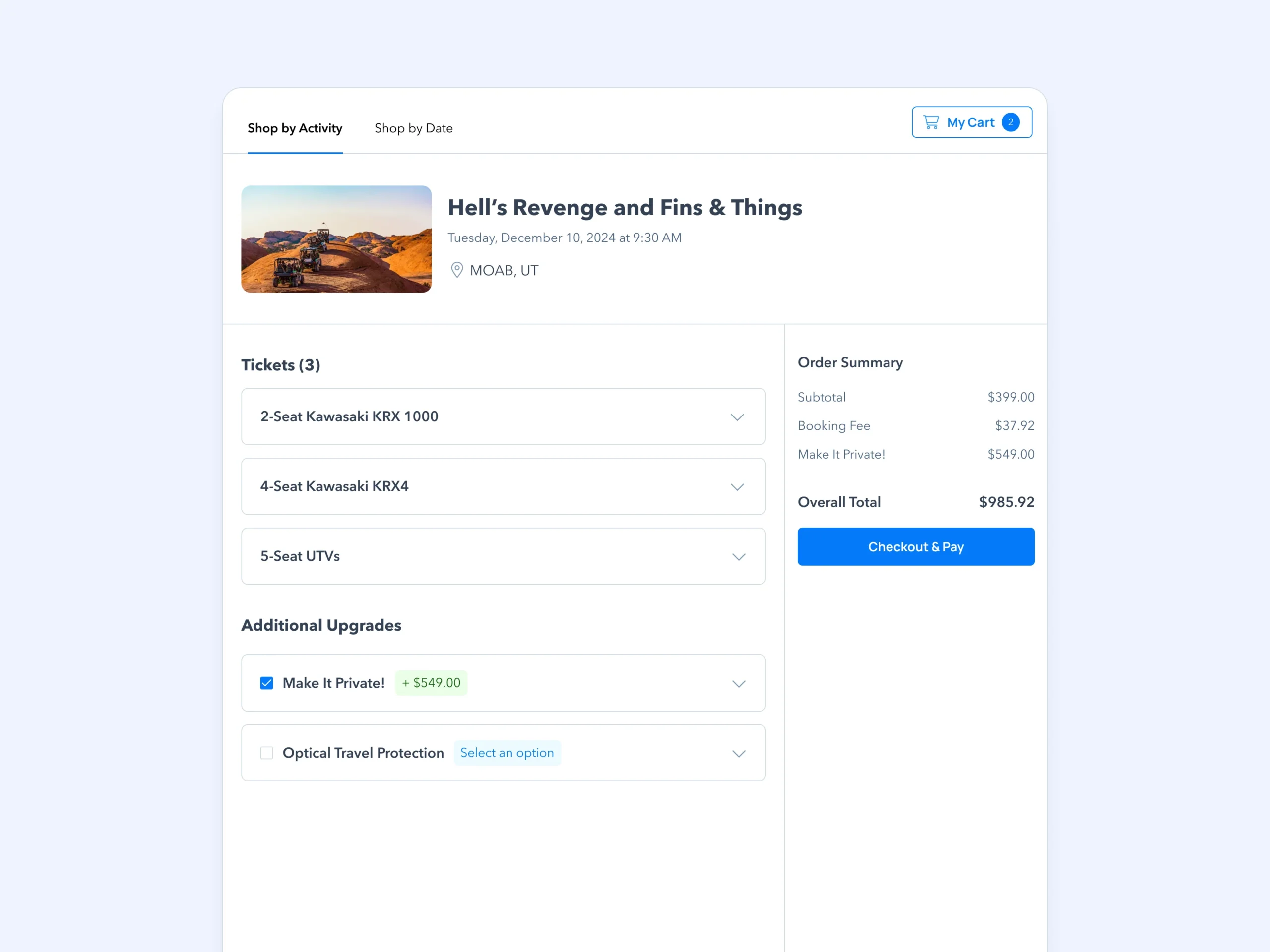 TripWorks checkout for tickets, private upgrades, travel protection, and an order summary
