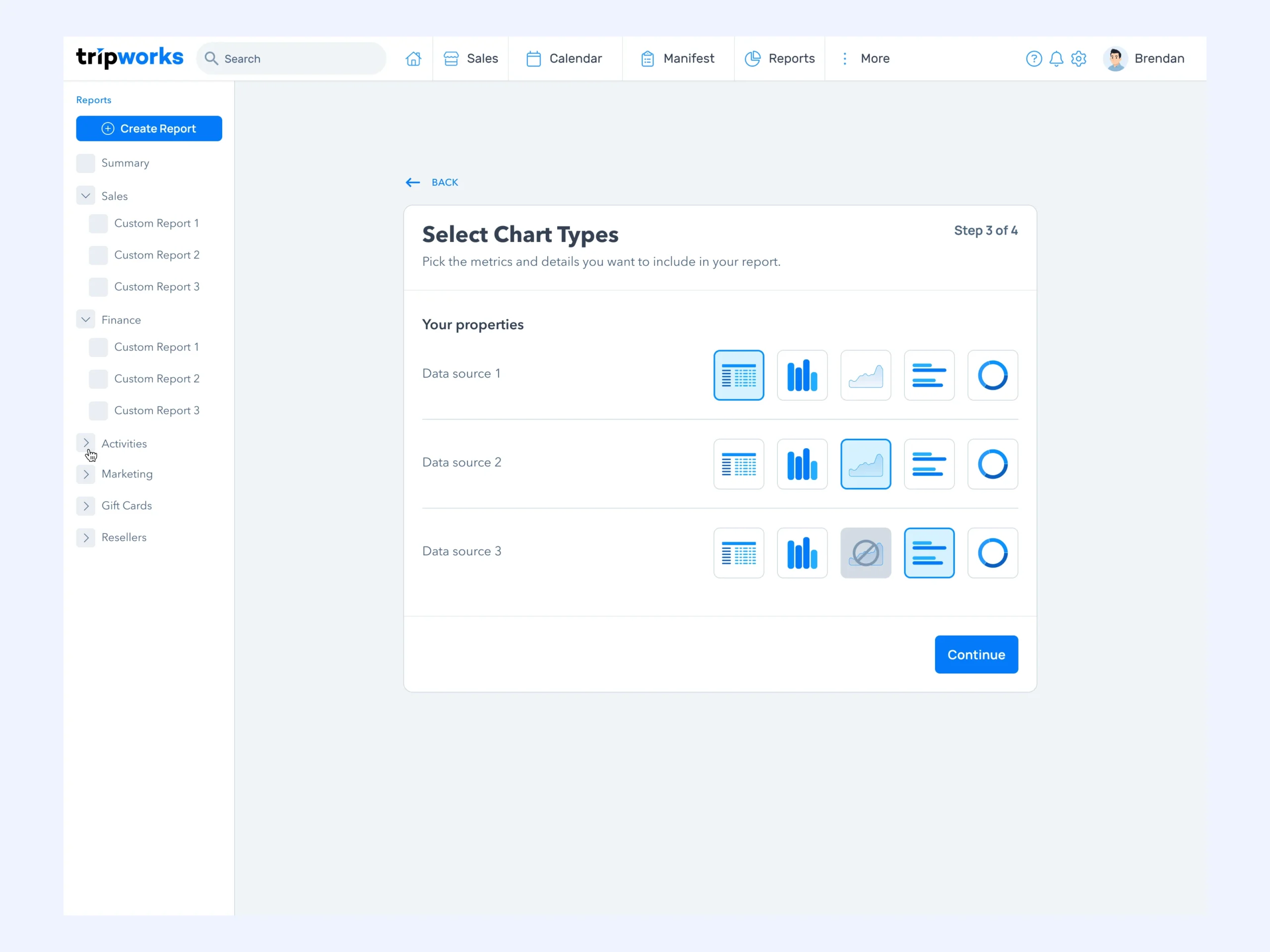 TripWorks report builder for selecting table, bar, area, horizontal bar, and donut chart types