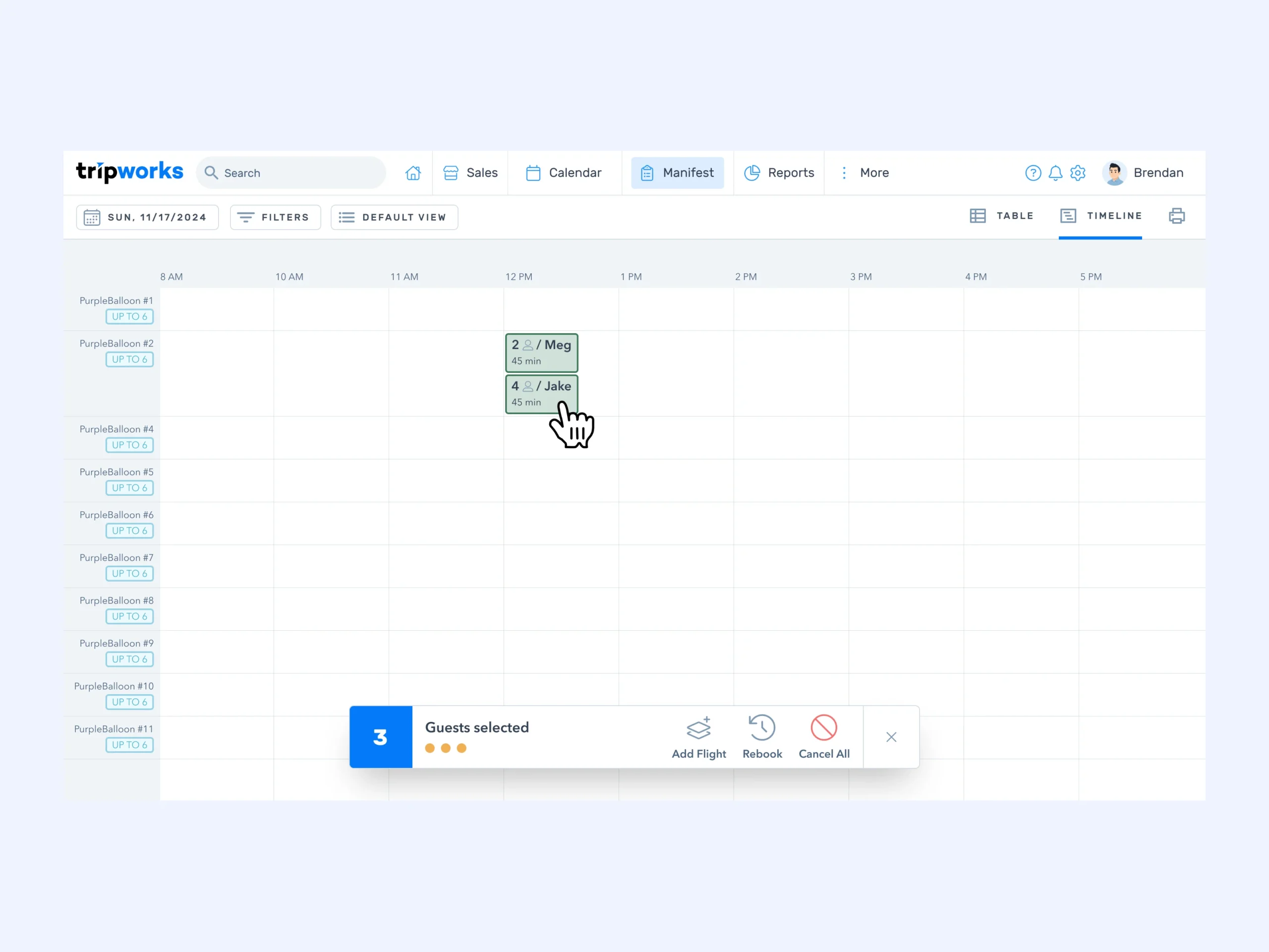 TripWorks manifest timeline with multiple guests selected and a contextual floating action bar